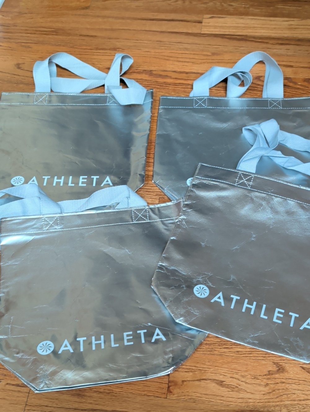 Athleta Silver Reusable Tote with Light Blue Logo and Straps